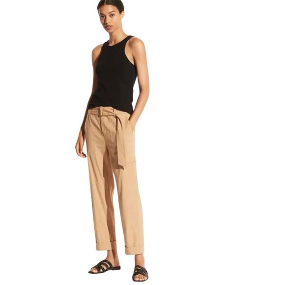 Vince Belted Linen Blend Crop Pants Straight Leg Khaki Casual Size S - Picture 1 of 9